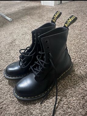 Dr. Martens Kids Black Leather Lace-Up Boots with Yellow Stitching